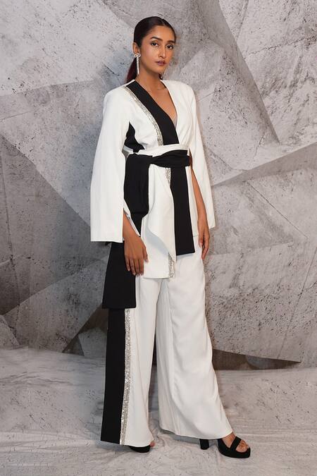 Buy_Archana Kochhar_Ivory Sequins, Embroidery Yin-yang Color Block Blazer And Pant Set _Online_at_Aza_Fashions