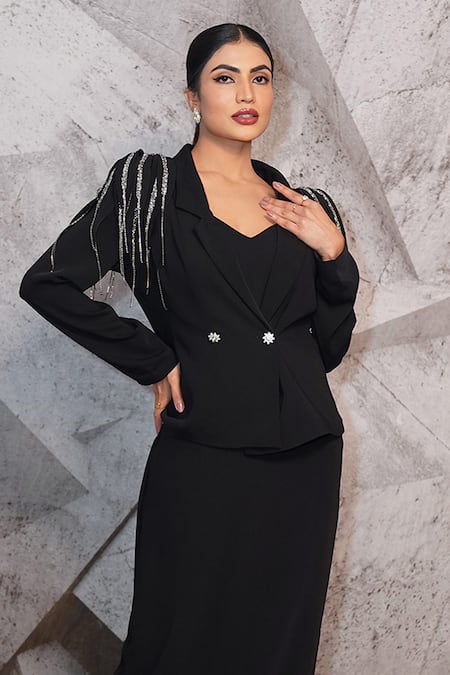 Archana Kochhar Black Sequins V-neck Statement Tassel Embellished Blazer With Dress Online at Aza Fashions Archana Kochhar_Black Sequins V-neck Statement Tassel Embellished Blazer With Dress _Online_at_Aza_Fashions