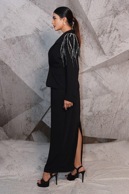 Buy Archana Kochhar Black Sequins V-neck Statement Tassel Embellished Blazer With Dress Online at Aza Fashions Buy_Archana Kochhar_Black Sequins V-neck Statement Tassel Embellished Blazer With Dress _Online_at_Aza_Fashions