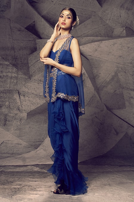 Buy_Archana Kochhar_Blue Silk, Net, Chiffon, Organza Mirrors, Gota Patti, Sequins, Dhoti Skirt Set _Online_at_Aza_Fashions