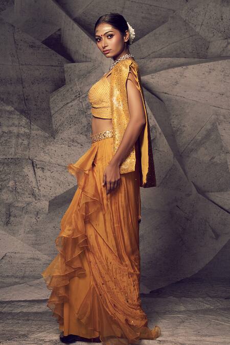 Archana Kochhar_Gold Silk, Net, Chiffon, Brocade Embroidered Dhoti Skirt Set With Jacket _Online_at_Aza_Fashions