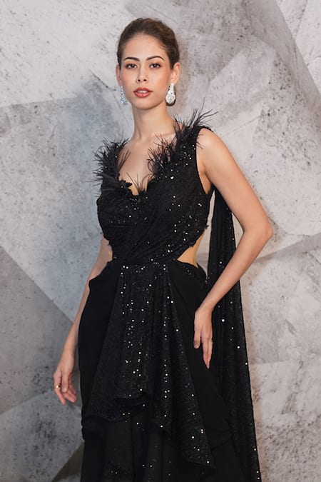 Archana Kochhar_Black Georgette Sequin Embroidered Draped Saree Gown _Online_at_Aza_Fashions