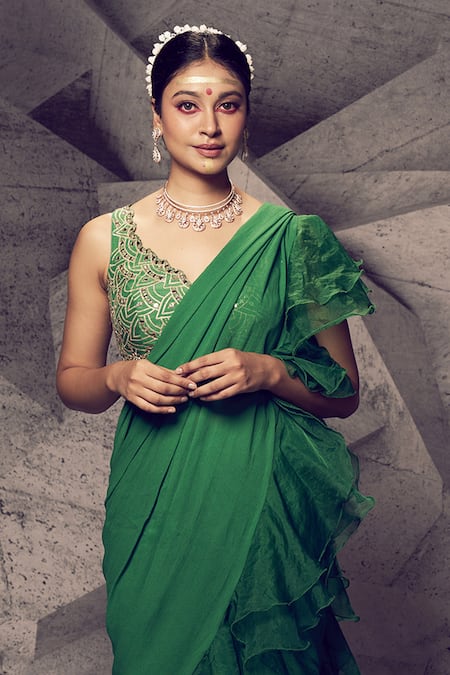 Archana Kochhar_Green Silk, Georgette Mirrors, Gota Patti, Anant Sharara Saree With Blouse _Online_at_Aza_Fashions