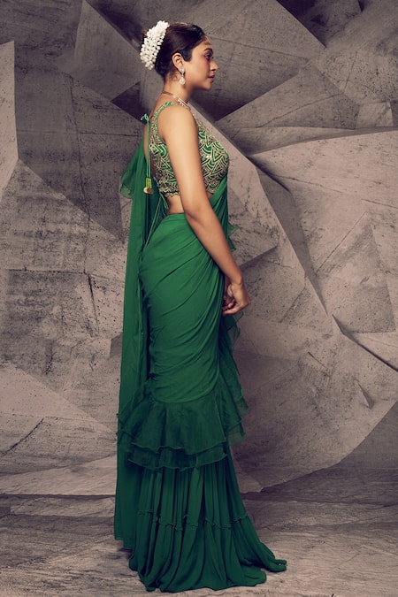 Buy_Archana Kochhar_Green Silk, Georgette Mirrors, Gota Patti, Anant Sharara Saree With Blouse _Online_at_Aza_Fashions
