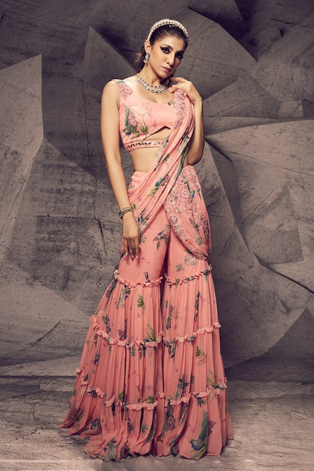 Archana Kochhar Pink Georgette Embroidered Floral Pattern Sharara Saree With Blouse 