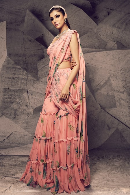 Buy_Archana Kochhar_Pink Georgette Sequins, Mirrors Floral Pattern Sharara Saree With Blouse _Online_at_Aza_Fashions