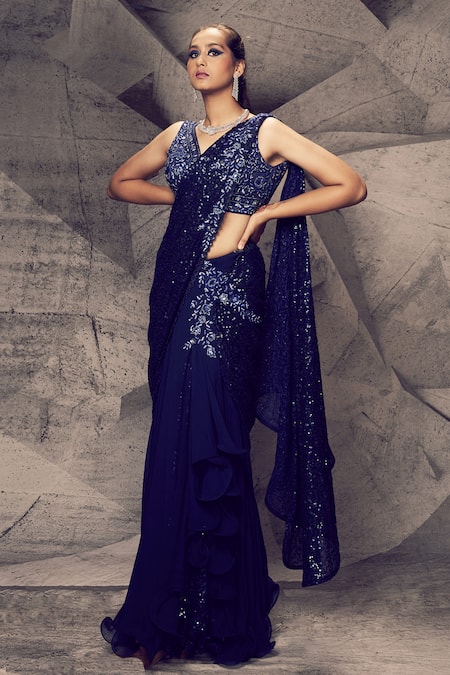Buy_Archana Kochhar_Blue Georgette, Net Sequins, Beads, Shimmering Pre-draped Saree With Blouse _Online_at_Aza_Fashions