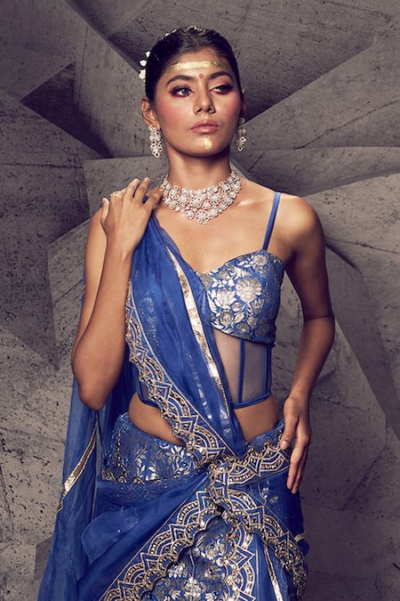 Archana Kochhar Blue Brocade, Organza Mirrors, Zari, Embroidery Anant Corset Lehenga Set Online at Aza Fashions Archana Kochhar_Blue Brocade, Organza Mirrors, Zari, Embroidery Anant Corset Lehenga Set _Online_at_Aza_Fashions