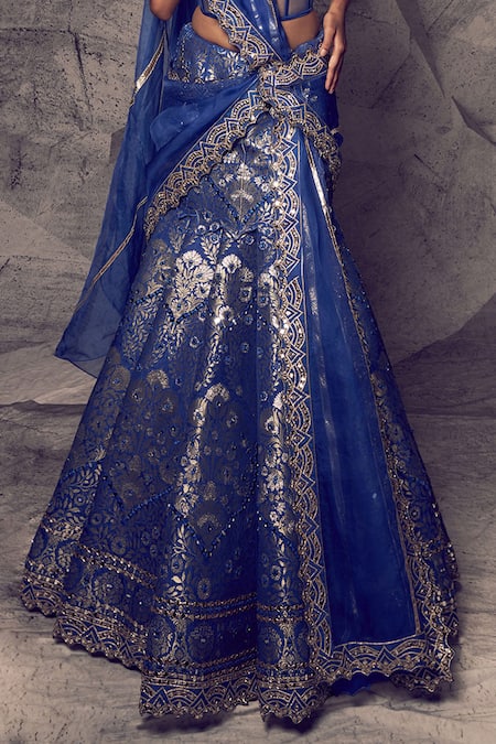 Buy Archana Kochhar Blue Brocade, Organza Mirrors, Zari, Embroidery Anant Corset Lehenga Set Online at Aza Fashions Buy_Archana Kochhar_Blue Brocade, Organza Mirrors, Zari, Embroidery Anant Corset Lehenga Set _Online_at_Aza_Fashions