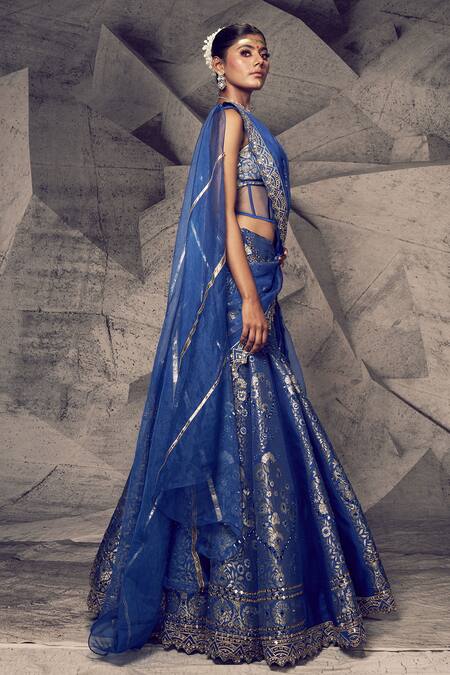 Shop Archana Kochhar Blue Brocade, Organza Mirrors, Zari, Embroidery Anant Corset Lehenga Set Online at Aza Fashions Shop_Archana Kochhar_Blue Brocade, Organza Mirrors, Zari, Embroidery Anant Corset Lehenga Set _Online_at_Aza_Fashions