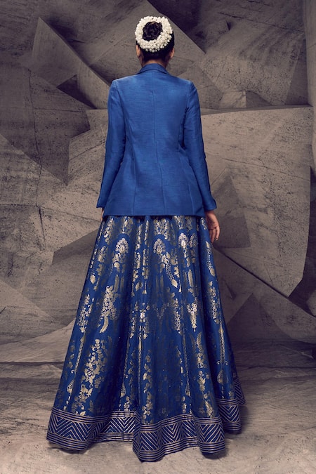 Shop Archana Kochhar Blue Brocade, Silk Gota Patti, Embroidery Anant Rangrez Blazer Lehenga Set at Aza Fashions Shop_Archana Kochhar_Blue Brocade, Silk Gota Patti, Embroidery Anant Rangrez Blazer Lehenga Set _at_Aza_Fashions