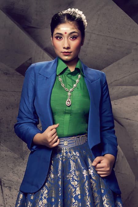 Archana Kochhar Blue Brocade, Silk Gota Patti, Embroidery Anant Rangrez Blazer Lehenga Set Online at Aza Fashions Archana Kochhar_Blue Brocade, Silk Gota Patti, Embroidery Anant Rangrez Blazer Lehenga Set _Online_at_Aza_Fashions