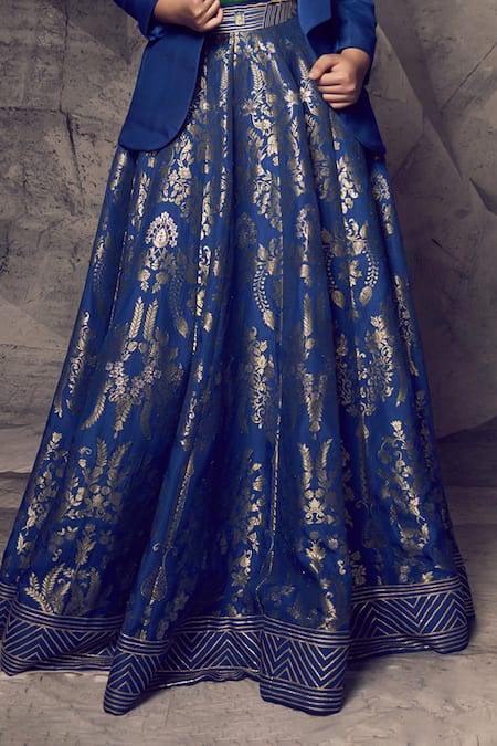 Buy Archana Kochhar Blue Brocade, Silk Gota Patti, Embroidery Anant Rangrez Blazer Lehenga Set Online at Aza Fashions Buy_Archana Kochhar_Blue Brocade, Silk Gota Patti, Embroidery Anant Rangrez Blazer Lehenga Set _Online_at_Aza_Fashions