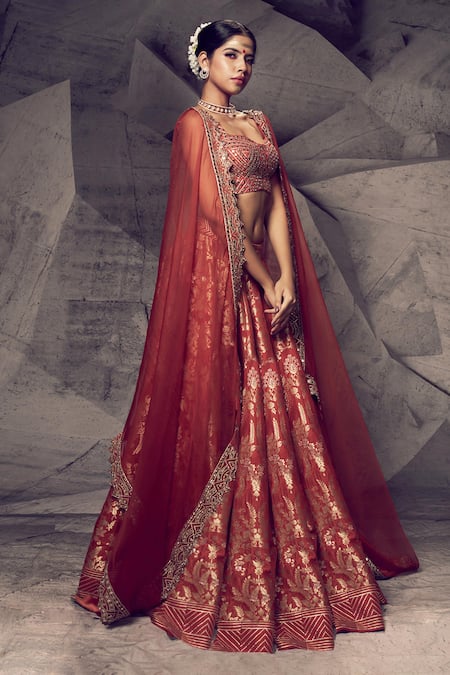 Shop_Archana Kochhar_Orange Silk, Organza, Brocade Embroidery, Mirrors, Woven Bridal Lehenga Set _Online_at_Aza_Fashions