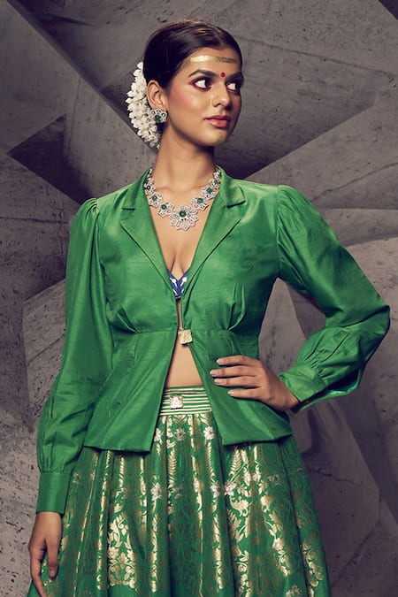 Archana Kochhar_Green Silk, Brocade Gota Patti, Embroidery V-neck Anant Jacket Lehenga Set _Online_at_Aza_Fashions
