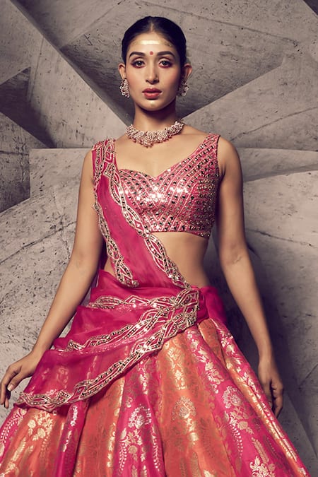 Buy_Archana Kochhar_Pink Silk, Brocade, Organza Embroidery, Anant Rangrez Blouse And Lehenga Set _Online_at_Aza_Fashions