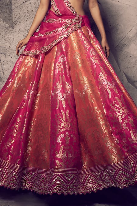 Shop_Archana Kochhar_Pink Silk, Brocade, Organza Embroidery, Anant Rangrez Blouse And Lehenga Set _Online_at_Aza_Fashions