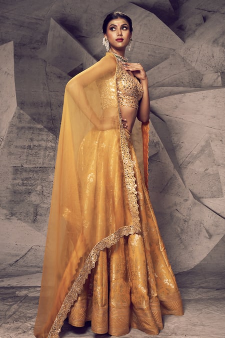 Shop Archana Kochhar Gold Silk, Brocade, Organza Mirrors, Anant Genda Blouse Bridal Lehenga Set Online at Aza Fashions Shop_Archana Kochhar_Gold Silk, Brocade, Organza Mirrors, Anant Genda Blouse Bridal Lehenga Set _Online_at_Aza_Fashions