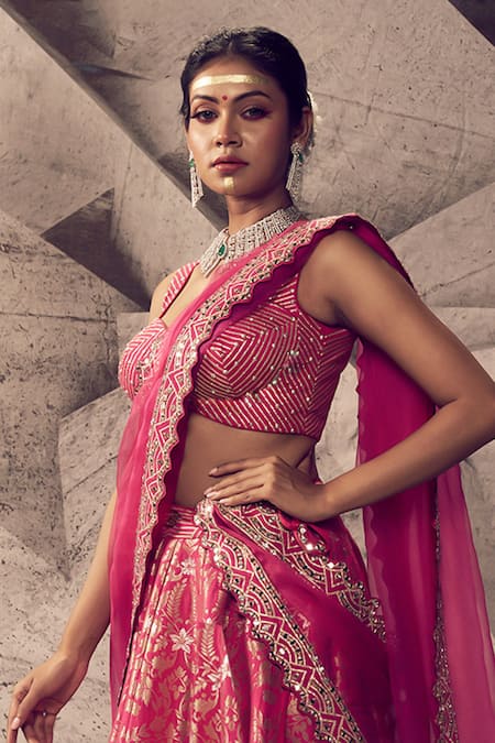 Archana Kochhar Pink Silk, Brocade, Organza Cut Anant 3d Embroidered Blouse Bridal Lehenga Set Online at Aza Fashions Archana Kochhar_Pink Silk, Brocade, Organza Cut Anant 3d Embroidered Blouse Bridal Lehenga Set _Online_at_Aza_Fashions