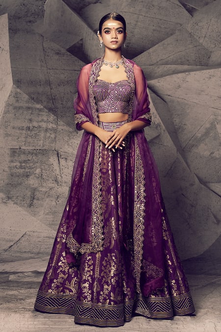 Archana Kochhar Purple Silk Woven Mirror Anant Embroidered Blouse Bridal Lehenga Set 