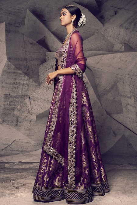 Archana Kochhar_Purple Silk, Organza Embroidery, Mirrors, Zari Anant Blouse Bridal Lehenga Set _Online_at_Aza_Fashions
