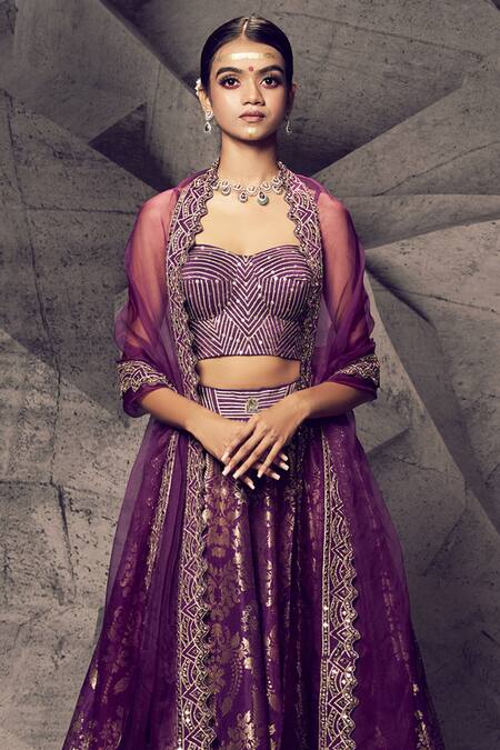 Buy_Archana Kochhar_Purple Silk, Organza Embroidery, Mirrors, Zari Anant Blouse Bridal Lehenga Set _Online_at_Aza_Fashions