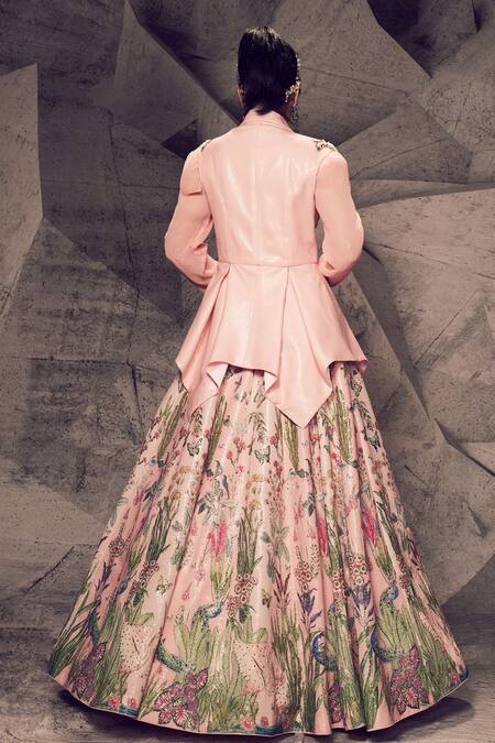 Shop Archana Kochhar Pink Georgette Sequins, Pearls, Beads Round Floral Print Lehenga Set With Jacket at Aza Fashions Shop_Archana Kochhar_Pink Georgette Sequins, Pearls, Beads Round Floral Print Lehenga Set With Jacket _at_Aza_Fashions