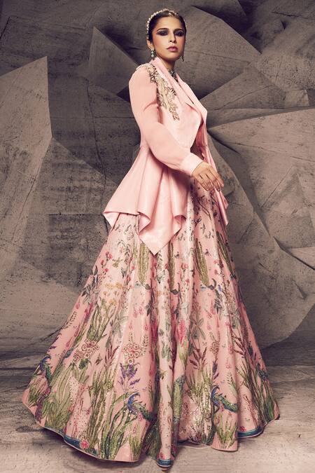 Archana Kochhar Pink Georgette Sequins, Pearls, Beads Round Floral Print Lehenga Set With Jacket Online at Aza Fashions Archana Kochhar_Pink Georgette Sequins, Pearls, Beads Round Floral Print Lehenga Set With Jacket _Online_at_Aza_Fashions