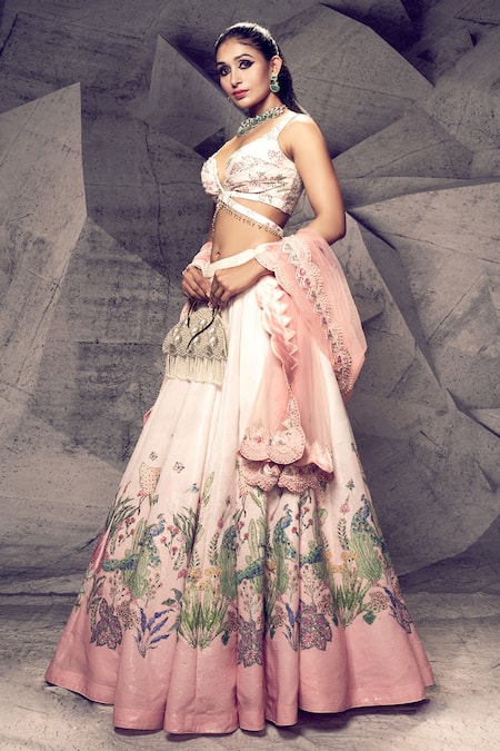 Archana Kochhar_Pink Georgette, Net Beads, Sequins, Embroidery Floral Print Lehenga Set _Online_at_Aza_Fashions