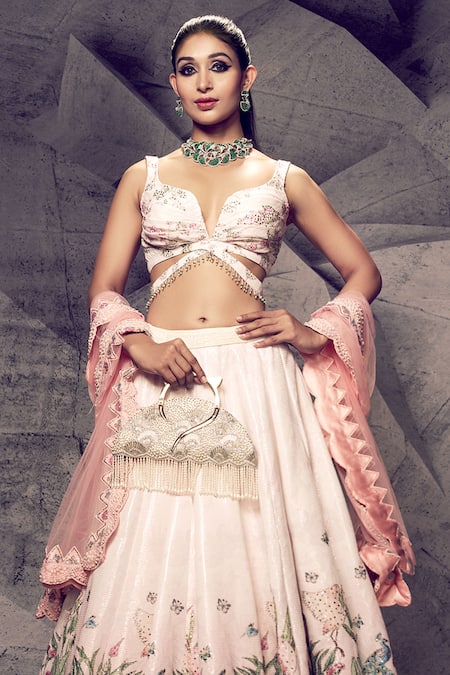 Buy_Archana Kochhar_Pink Georgette, Net Beads, Sequins, Embroidery Floral Print Lehenga Set _Online_at_Aza_Fashions