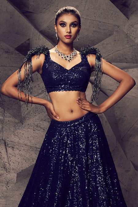 Archana Kochhar Blue Georgette, Net Sequins, Beads, Cut Work Embroidered Blouse And Lehenga Set Online at Aza Fashions Archana Kochhar_Blue Georgette, Net Sequins, Beads, Cut Work Embroidered Blouse And Lehenga Set _Online_at_Aza_Fashions