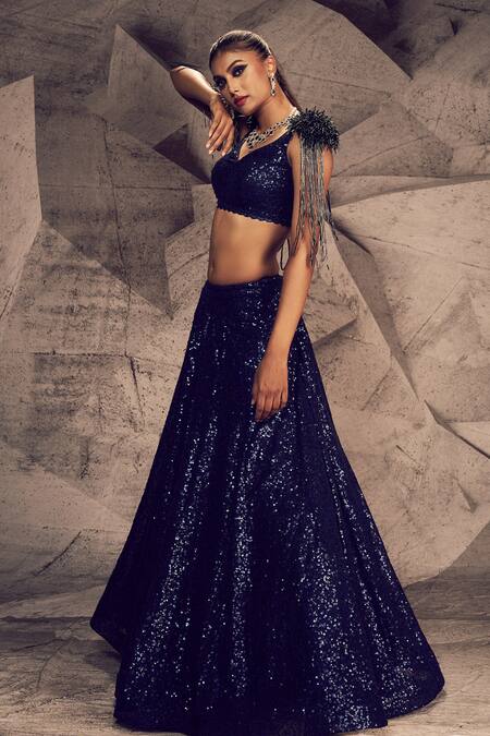 Buy Archana Kochhar Blue Georgette, Net Sequins, Beads, Cut Work Embroidered Blouse And Lehenga Set Online at Aza Fashions Buy_Archana Kochhar_Blue Georgette, Net Sequins, Beads, Cut Work Embroidered Blouse And Lehenga Set _Online_at_Aza_Fashions