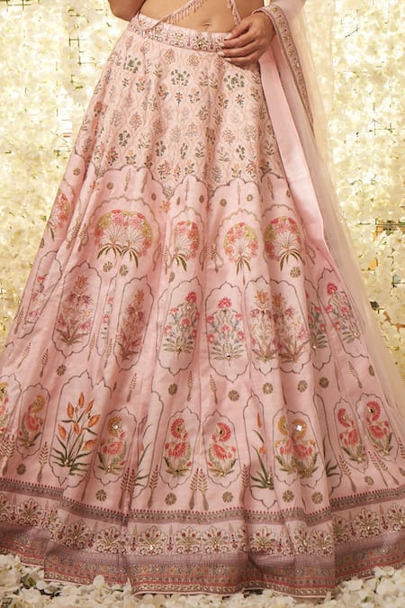 Buy_Archana Kochhar_Pink Silk, Net Embroidery, Mirrors, Zari Floral Print Blouse Lehenga Set _Online_at_Aza_Fashions