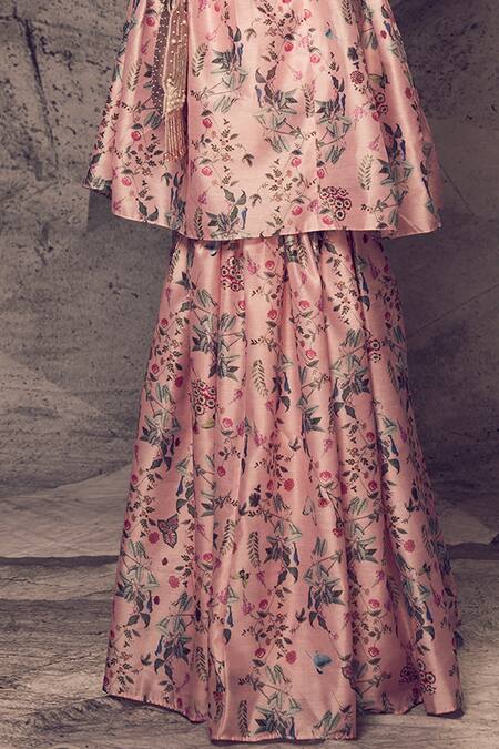 Shop_Archana Kochhar_Pink Silk Pearls, Sequins, Embroidery V-neck Floral Print Kurta Sharara Set _Online_at_Aza_Fashions