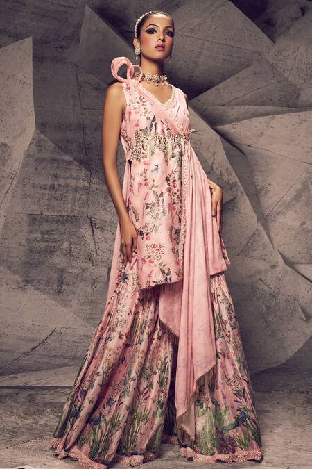 Buy_Archana Kochhar_Pink Silk Embroidery, Pearls, Floral Print Asymmetric Kurta And Sharara Set _Online_at_Aza_Fashions