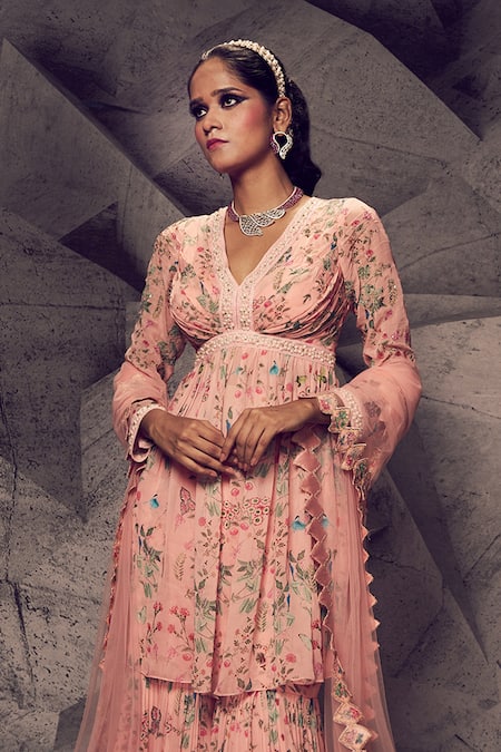 Archana Kochhar_Pink Georgette, Net Pearls, Sequins, Embroidery Floral Pattern Kurta Sharara Set _Online_at_Aza_Fashions