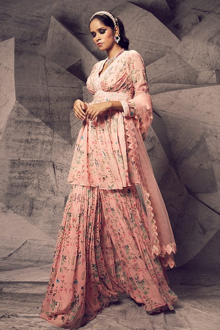 Shop_Archana Kochhar_Pink Georgette, Net Pearls, Sequins, Embroidery Floral Pattern Kurta Sharara Set _Online_at_Aza_Fashions