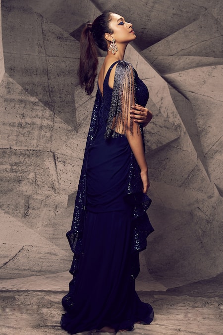Buy_Archana Kochhar_Blue Georgette Shimmering Sequin Embroidered Draped Saree Gown _Online_at_Aza_Fashions
