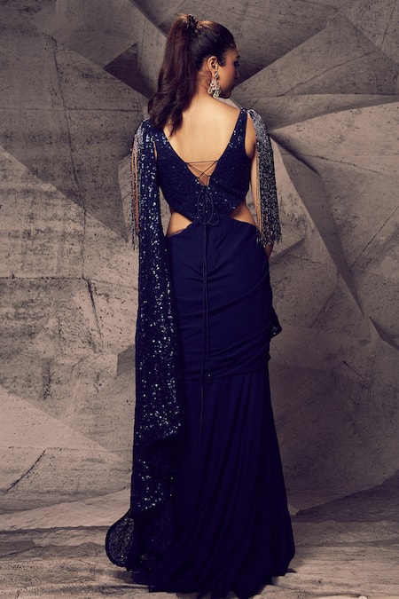 Buy TASUVURE Idyllic Adorned Gown Saree with Sequence Palla - Midnight Navy  Blue online