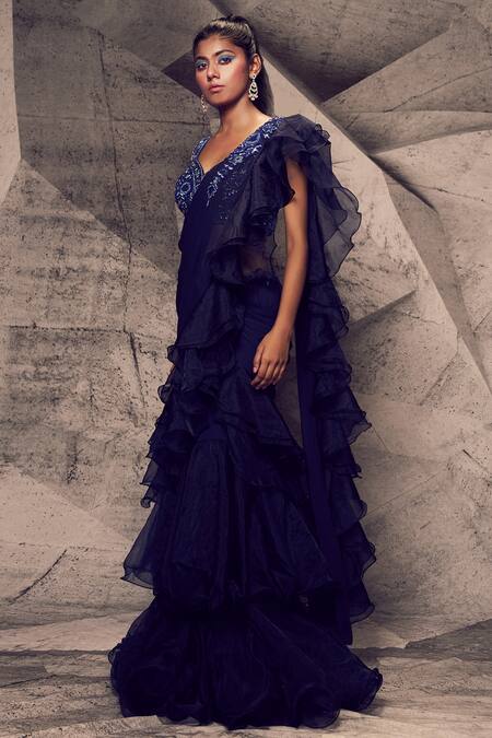 Archana Kochhar_Blue Georgette, Net Beads, Shimmering Ruffle Saree And Embellished Blouse Set _Online_at_Aza_Fashions