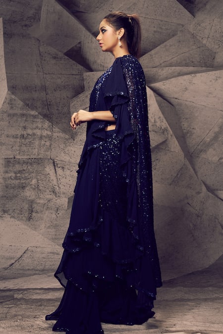 Buy Archana Kochhar Blue Georgette Beads, Cut Shimmering Embellished Pre-draped Saree With Blouse Online at Aza Fashions Buy_Archana Kochhar_Blue Georgette Beads, Cut Shimmering Embellished Pre-draped Saree With Blouse _Online_at_Aza_Fashions