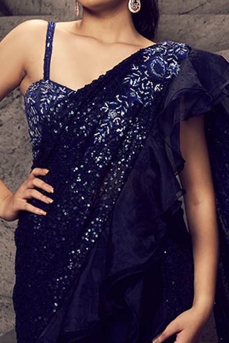Archana Kochhar Blue Net, Organza Embroidery Shimmering Embellished Sharara Saree And Blouse Set Online at Aza Fashions Archana Kochhar_Blue Net, Organza Embroidery Shimmering Embellished Sharara Saree And Blouse Set _Online_at_Aza_Fashions