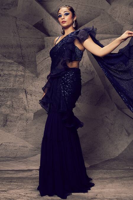 Buy Archana Kochhar Blue Net, Organza Embroidery Shimmering Embellished Sharara Saree And Blouse Set Online at Aza Fashions Buy_Archana Kochhar_Blue Net, Organza Embroidery Shimmering Embellished Sharara Saree And Blouse Set _Online_at_Aza_Fashions