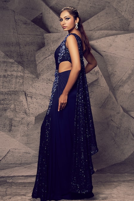 Buy Archana Kochhar Blue Georgette Beads, Cut Work, Stones V-neck Embellished Plunged V Saree Gown Online at Aza Fashions Buy_Archana Kochhar_Blue Georgette Beads, Cut Work, Stones V-neck Embellished Plunged V Saree Gown _Online_at_Aza_Fashions