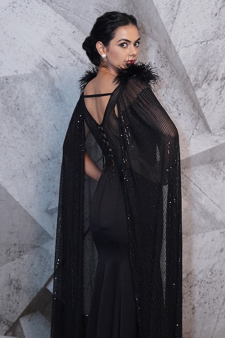Archana Kochhar_Black Lycra, Net Sequins, Feathers V-neck Retro Embroidered Cape Sleeve Gown _Online_at_Aza_Fashions