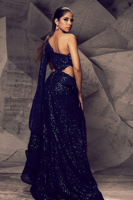 Archana Kochhar Blue Embellished Asymmetric Saree Gown 