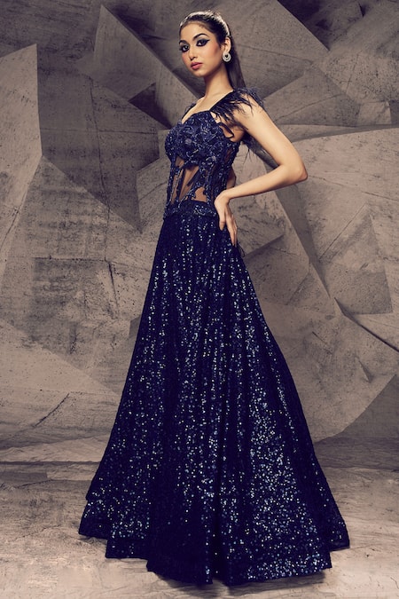Buy_Archana Kochhar_Blue Georgette Sequins, Beads Sweetheart Neck Shimmering And Embroidered Gown _Online_at_Aza_Fashions