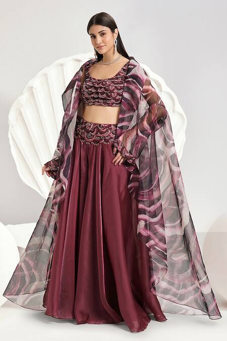 Divya Aggarwal_Purple Organza Printed Beads Round Plum Abstract Cape Pant Set _Online_at_Aza_Fashions