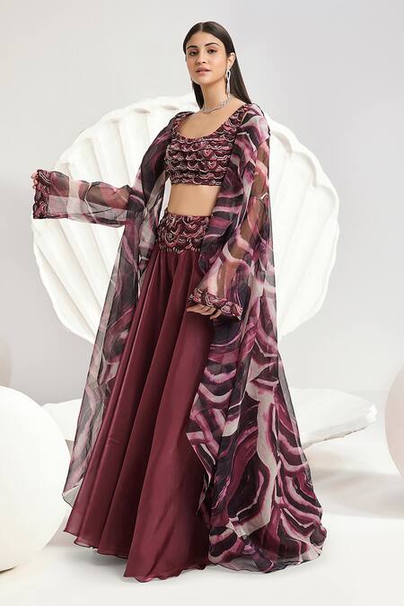 Buy_Divya Aggarwal_Purple Organza Printed Beads Round Plum Abstract Cape Pant Set _Online_at_Aza_Fashions