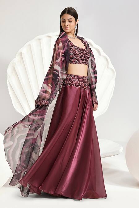 Shop_Divya Aggarwal_Purple Organza Printed Beads Round Plum Abstract Cape Pant Set _Online_at_Aza_Fashions